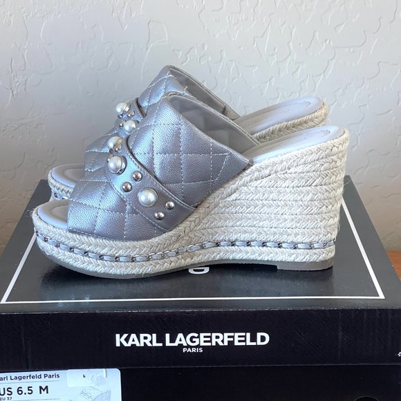 New Karl Lagerfeld Sandals 6.5 Camila Silver Pearl Stud Jute Platform Wedge - Picture 6 of 10
